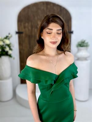 Scuba Kumaş Volanlı Özel Üretim Elbise Yeşil