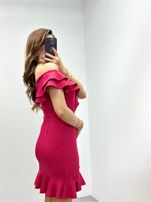 Scuba Kumaş Volanlı Özel Üretim Elbise Fuşya