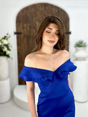 Scuba Kumaş Volanlı Özel Üretim Elbise Saks