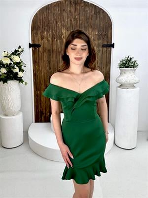 Scuba Kumaş Volanlı Özel Üretim Elbise Yeşil