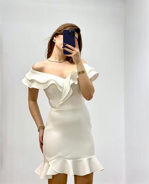 Scuba Kumaş Volanlı Özel Üretim Elbise Beyaz