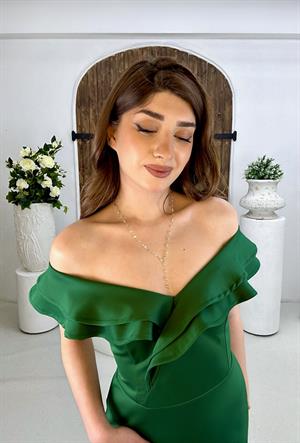 Scuba Kumaş Volanlı Özel Üretim Elbise Yeşil