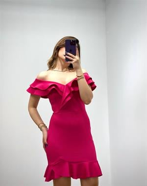 Scuba Kumaş Volanlı Özel Üretim Elbise Fuşya