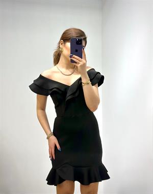 Scuba Kumaş Volanlı Özel Üretim Elbise Siyah