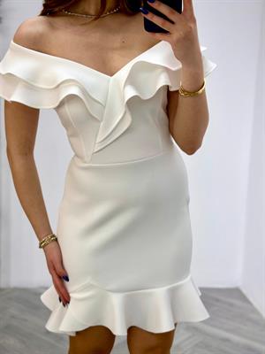 Scuba Kumaş Volanlı Özel Üretim Elbise Beyaz