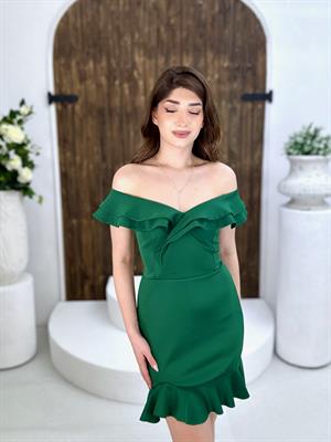 Scuba Kumaş Volanlı Özel Üretim Elbise Yeşil