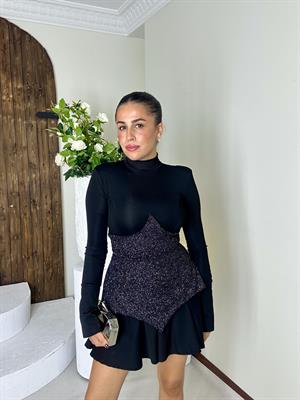 Scuba ve Simli Fcuro Kumaş Korsaj Detay Elbise 