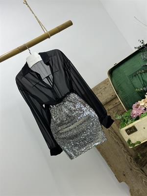 Şifon Gömlek Payet Etek İkili Tasarım Takım Gri