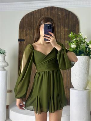 Şifon Kol Detaylı Micro Kumaş Tasarım Mini Elbise Yeşil