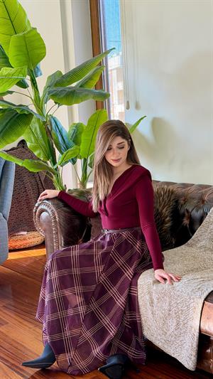 Şifon Kumaş Asimetrik Midi Etek Bordo