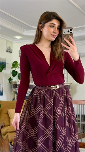 Şifon Kumaş Asimetrik Midi Etek Bordo