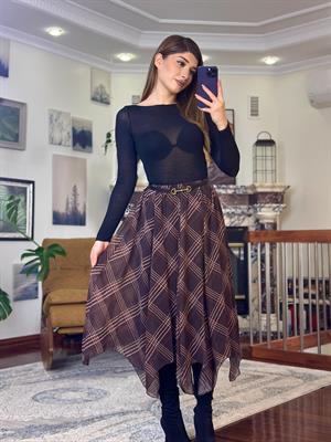 Şifon Kumaş Asimetrik Midi Etek Kahverengi