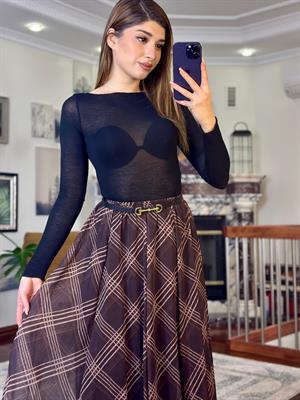 Şifon Kumaş Asimetrik Midi Etek Kahverengi