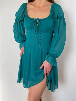 Şifon Kumaş Bel Korsaj Detay Göğüs Bağ Detay Elbise