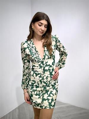 Şifon Kumaş Derin V Yaka Kaplama Düğmeli Tasarım Elbise