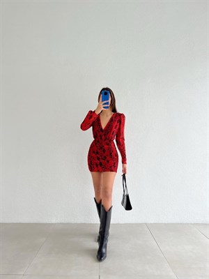 Şifon Kumaş Drapeli Yılan Desen Elbise