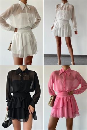 Şifon Kumaş Eteği Volanlı Gömlek Yaka Elbisemiz 