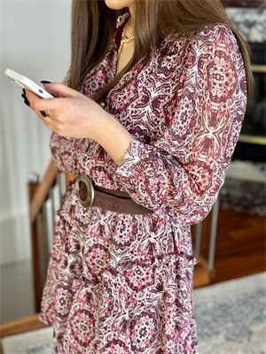 Şifon Kumaş Fırfır Detaylı Şal Desen Elbise