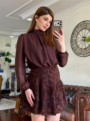 Şifon Kumaş Flog Baskı Detaylı Kloş Tasarım Elbise Kahverengi