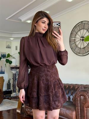 Şifon Kumaş Flog Baskı Detaylı Kloş Tasarım Elbise Kahverengi