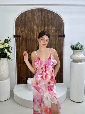 Şifon Kumaş Floral Desen Askılı Uzun Elbise