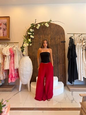 Şifon Kumaş İçi Şort Astarlı Beli Lastikli Tasarım Pantolon 