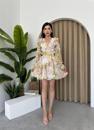 Şifon Kumaş Kat Etekli Fırfırlı Sırt Dekolte Tasarım Elbise Sarı