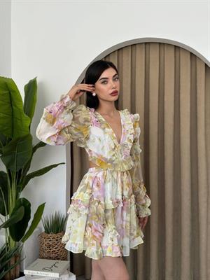 Şifon Kumaş Kat Etekli Fırfırlı Sırt Dekolte Tasarım Elbise Sarı