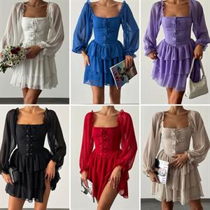 Şifon Kumaş Kat Etekli Göğüs Kuşgözü Detay Tasarım Elbise