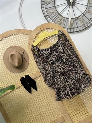 Şifon Kumaş Leopar Desen Gipe Detaylı Tasarım Elbise