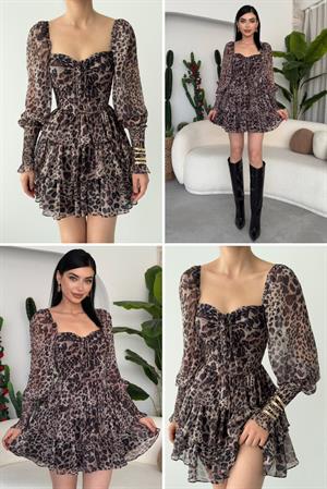 Şifon Kumaş Leopar Desen Gipe Detaylı Tasarım Elbise