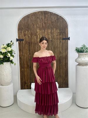 Şifon Kumaş Madonna Yaka Kat Etekli Uzun Elbise