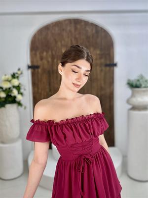 Şifon Kumaş Madonna Yaka Kat Etekli Uzun Elbise