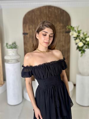 Şifon Kumaş Madonna Yaka Kat Etekli Uzun Elbise Siyah