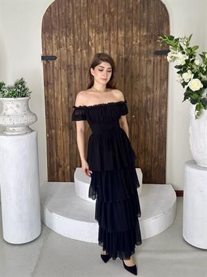 Şifon Kumaş Madonna Yaka Kat Etekli Uzun Elbise Siyah