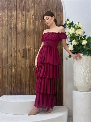 Şifon Kumaş Madonna Yaka Kat Etekli Uzun Elbise