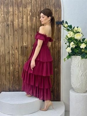 Şifon Kumaş Madonna Yaka Kat Etekli Uzun Elbise