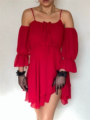 Şifon Kumaş Omuz Dekolteli Kat Etekli Kloş Elbise