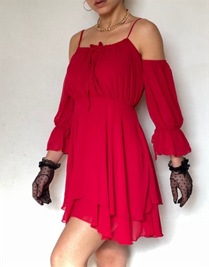 Şifon Kumaş Omuz Dekolteli Kat Etekli Kloş Elbise