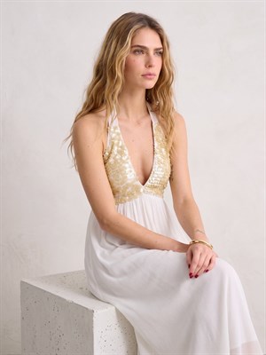 Şifon Kumaş Sedef Pul Detaylı Tasarım Beyaz Elbise 