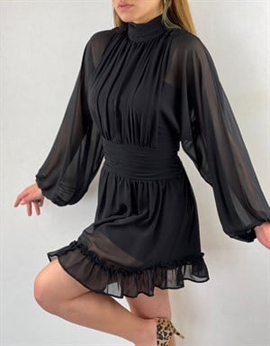 Şifon Kumaş Sırt Detay Balon Kol Siyah Elbise