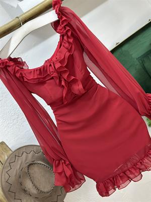 Şifon Kumaş Volan Detay Mini Elbise