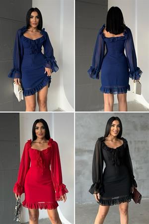 Şifon Kumaş Volan Detay Mini Elbise