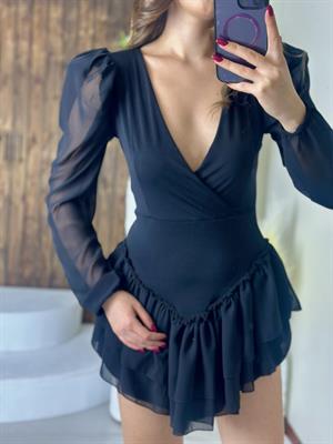 Şifon ve Micro Kumaş Vatkalı Tasarım Elbise  Siyah