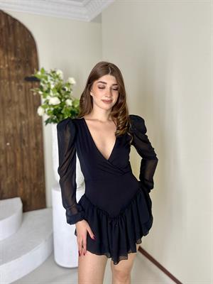 Şifon ve Micro Kumaş Vatkalı Tasarım Elbise  Siyah