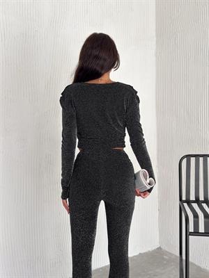 Simli Fcuro Kumaş Omuz Detaylı Kruvaze Yaka Bluz 