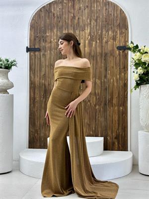 Simli Flowers Kumaş Tasarım Balık Elbisemiz Gold