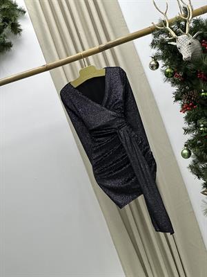 Simli Kadife Kumaş Drapeli Tasarım Elbise