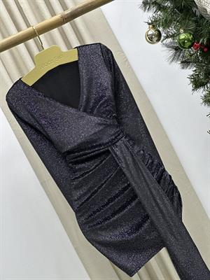 Simli Kadife Kumaş Drapeli Tasarım Elbise