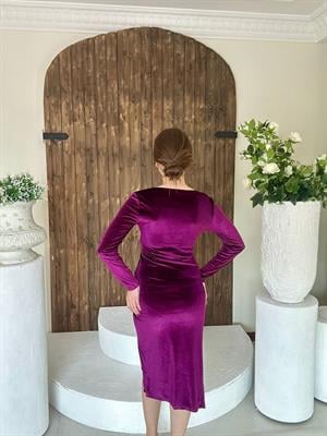 Simli Kadife Kumaş Kruvaze Model Drapeli Uzun Elbise